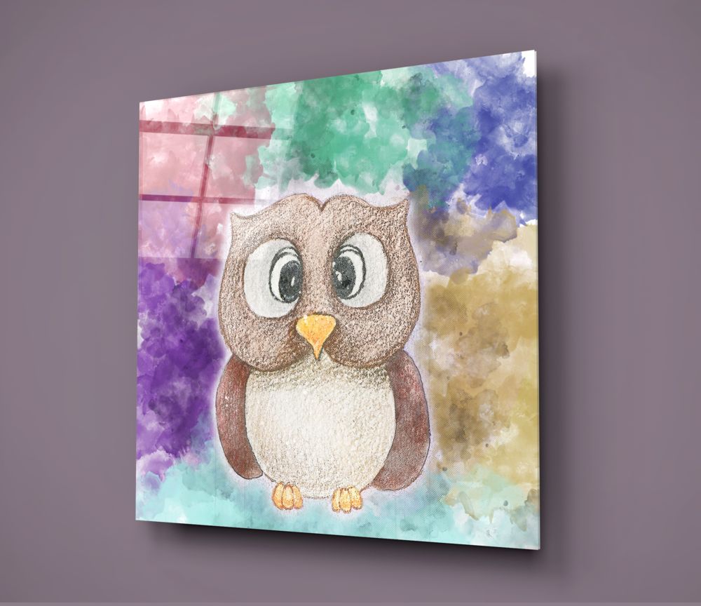 Baby owl watercolor glass wall art on a muted mauve gray wall
