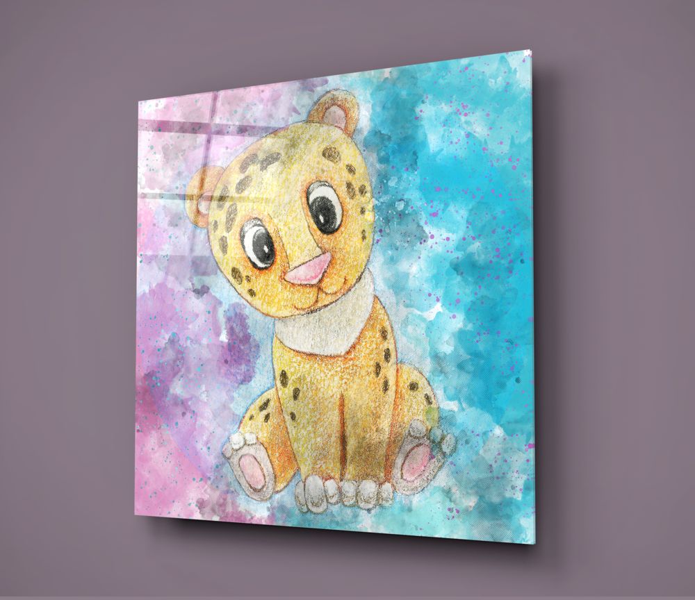 Baby leopard cub watercolor glass wall art on a muted mauve gray wall