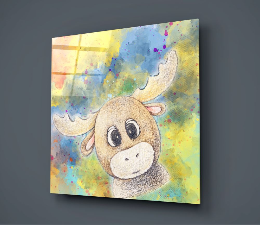 Watercolor cartoon moose glass wall art on a dark gray background with a window reflection