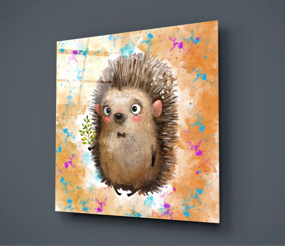 Hedgehog with bow tie glass wall art on a dark gray wall