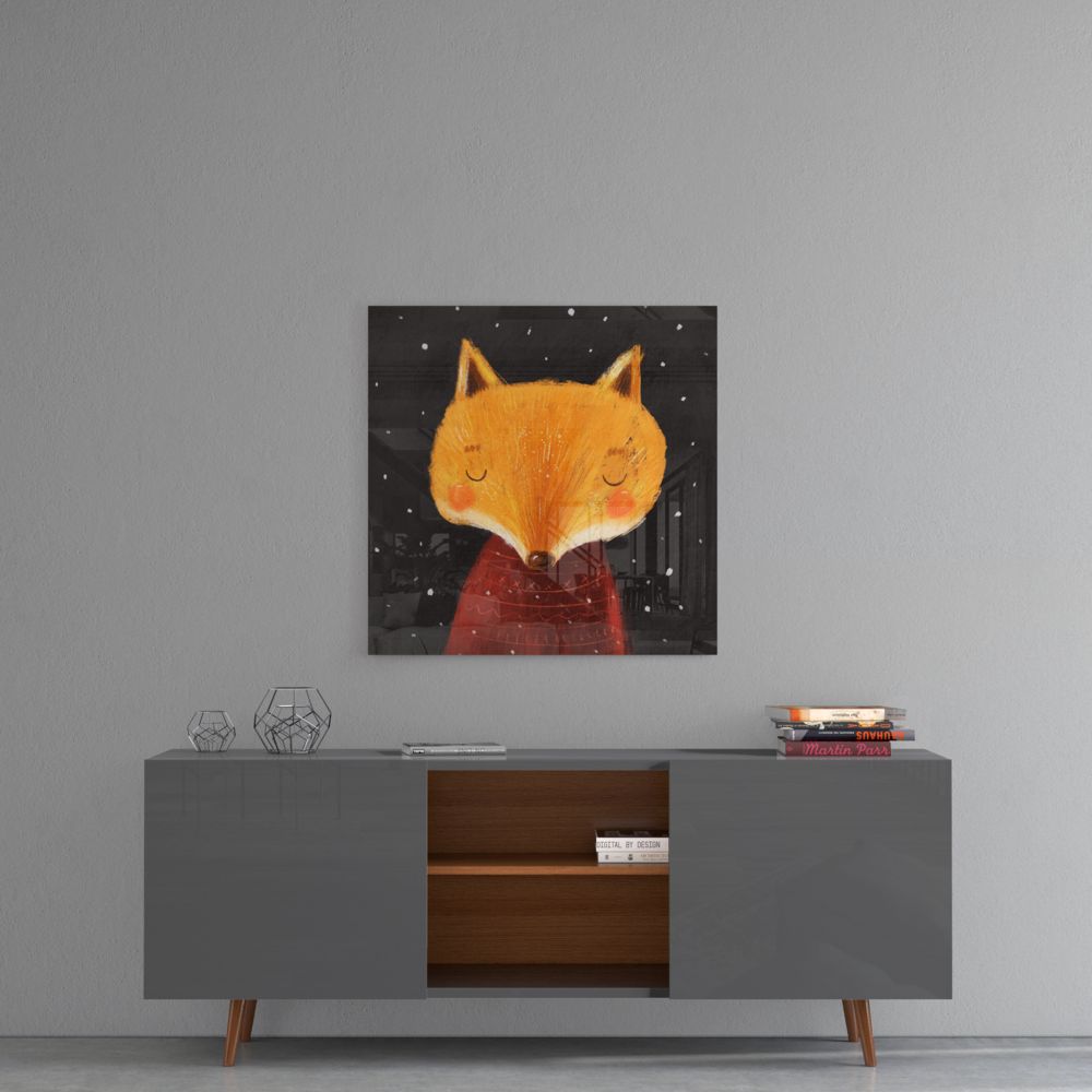 Smiling fox glass wall art on a gray wall above a gray sideboard with wood shelves