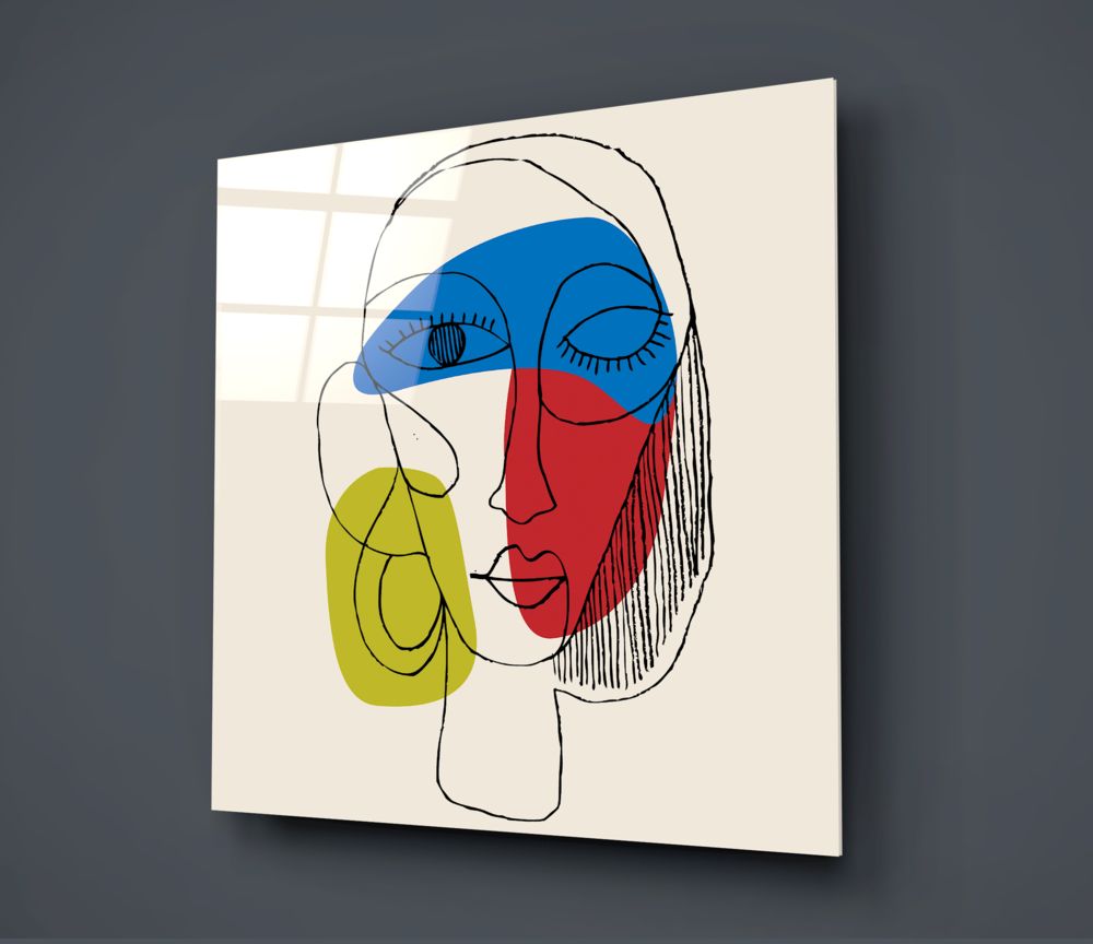 Abstract line art face square glass wall art on a dark gray wall