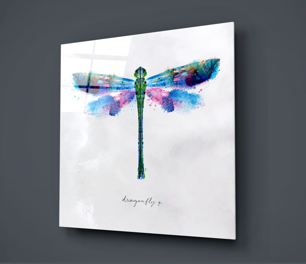 Blue watercolor dragonfly glass wall art on a dark gray wall
