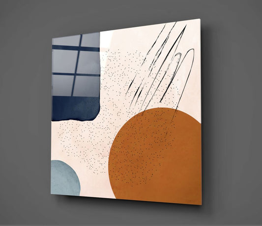 Terracotta circle and navy block abstract glass wall art on a gray wall with soft window light