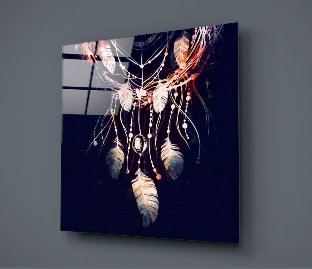 Dreamcatcher feathers square glass wall art on a dark gray wall