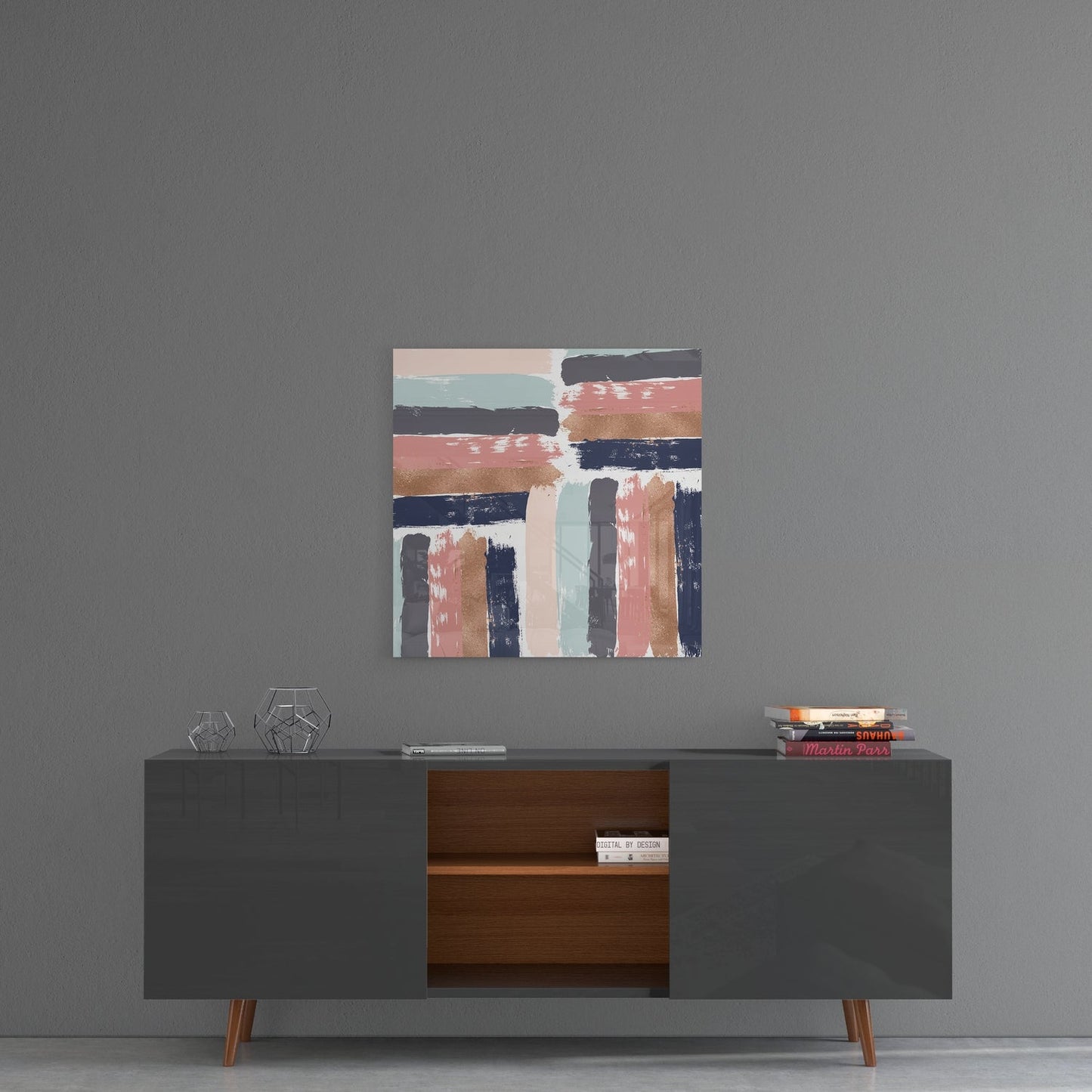 Pink and navy brush marks abstract glass wall art on a gray wall above a gray sideboard with a wooden center
