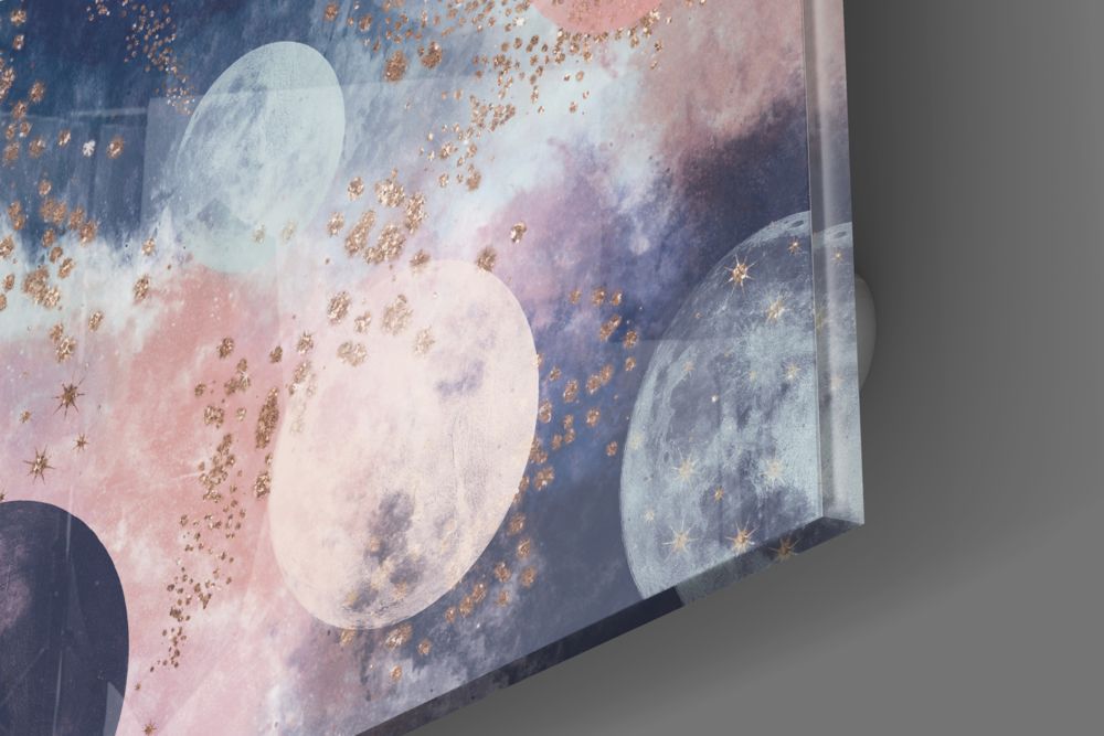 Close-up of the glossy tempered glass edge of the pink and navy moons piece