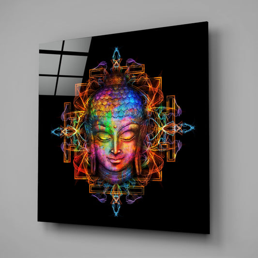 Rainbow Buddha mandala square glass wall art on a gray wall with a window reflection in the glass