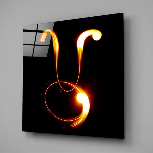 Taurus light trail glass wall art on a gray wall with a window reflected in the glossy black front