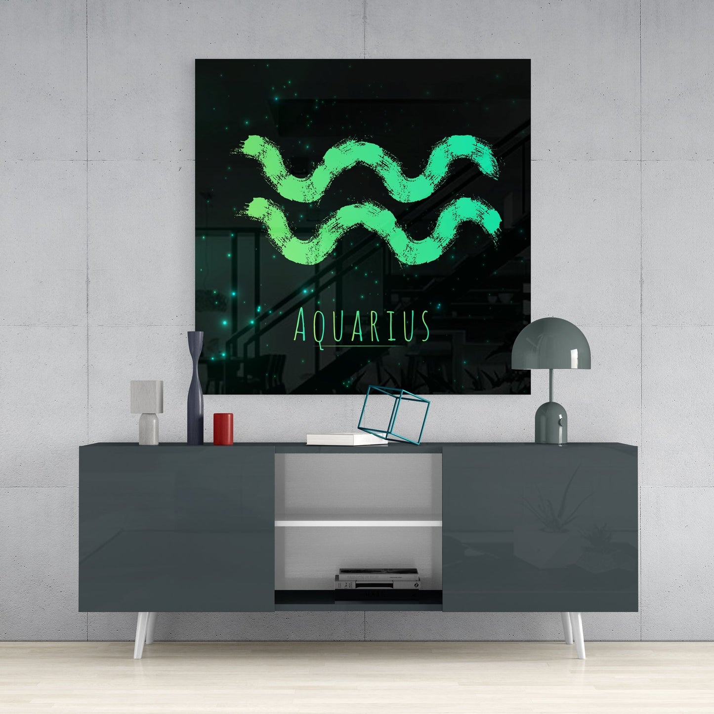 Emerald Green Aquarius brushstroke glass wall art above a dark gray sideboard with a dome lamp and a teal wire cube