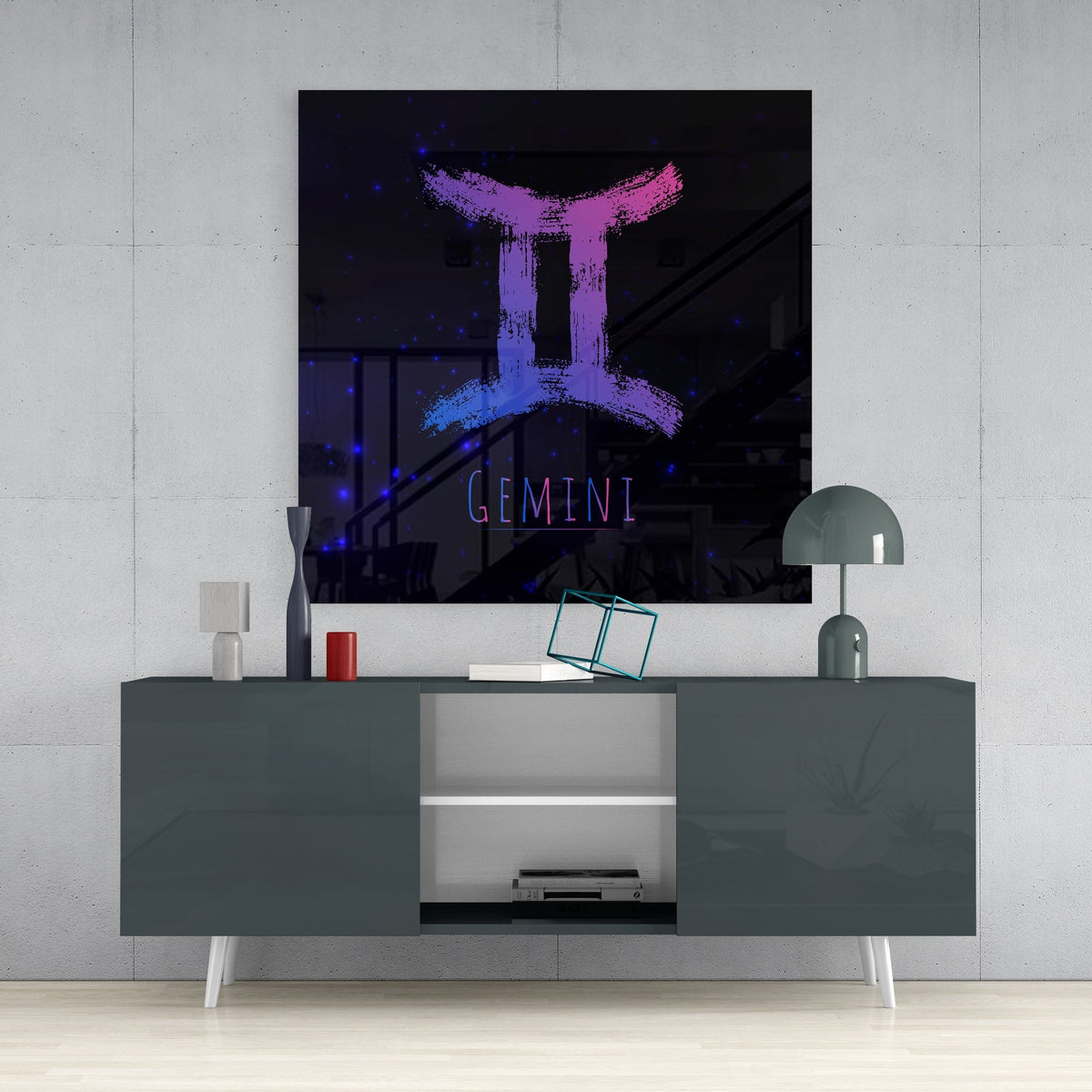Pink and Blue Gemini brushstroke glass wall art above a dark gray sideboard with a dome lamp and a teal wire cube