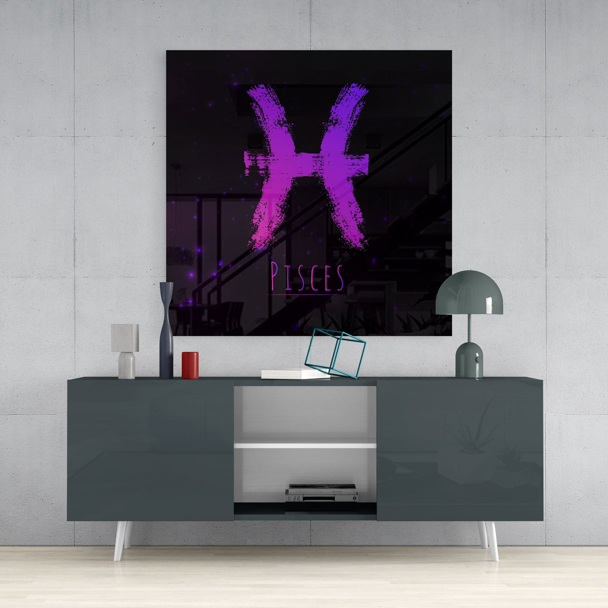 Magenta Pisces brushstroke glass wall art above a dark gray sideboard with a dome lamp and a teal wire cube