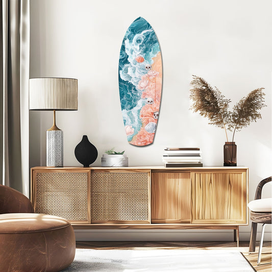 Teal Waves With Shells and Skulls surfboard glass wall art above a rattan sideboard with a table lamp and pampas grass