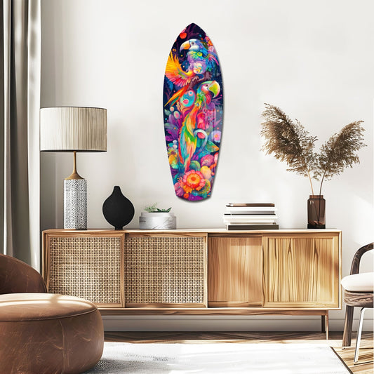 Parrots and flowers surfboard glass wall art above a rattan sideboard with a table lamp and pampas grass