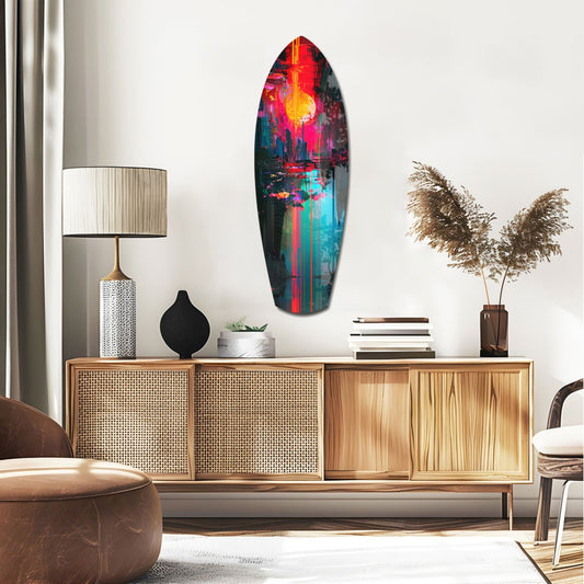Red sun city surfboard glass wall art above a rattan sideboard with a lamp and pampas grass