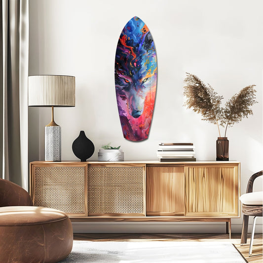 Fluid wolf face surfboard glass wall art above a rattan sideboard with a table lamp and pampas grass