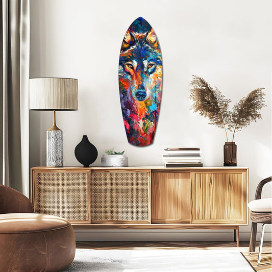Wolf face surfboard glass wall art above a rattan sideboard with a table lamp and pampas grass