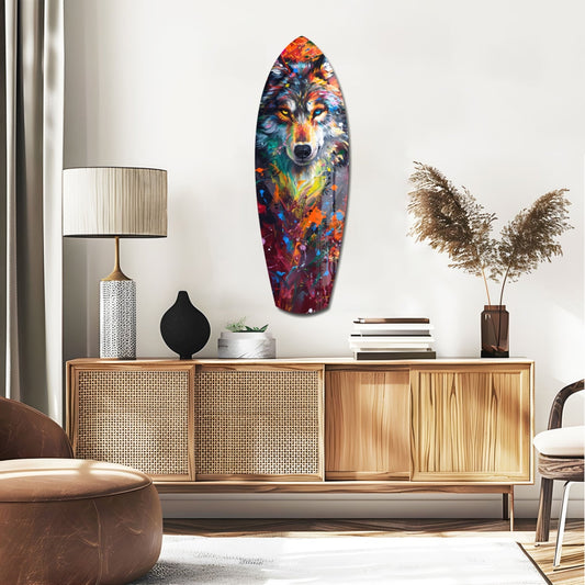 Wolf portrait surfboard glass wall art above a rattan sideboard with a table lamp and pampas grass