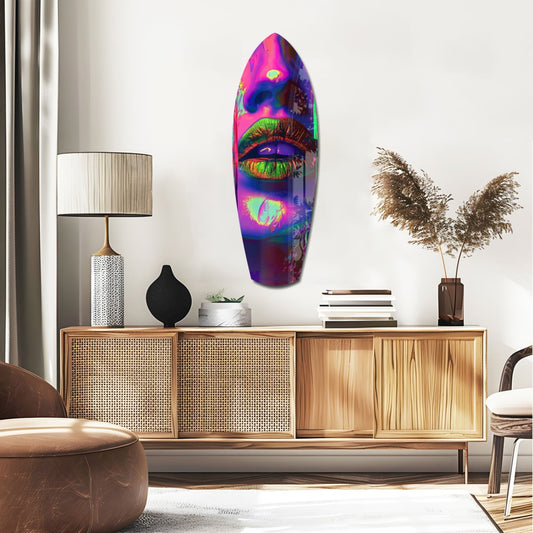 Green lips on hot pink face surfboard glass wall art above a rattan sideboard with a table lamp and pampas grass
