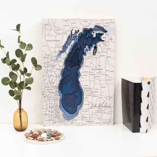 Wooden Lake Michigan Map Wall Art