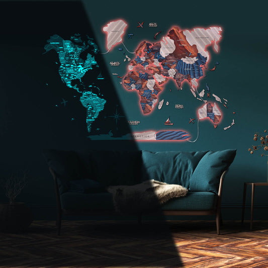 Luminous LED Wooden World Map Wall Art - Dune