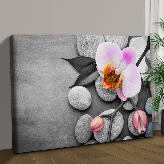 Pink Orchid on Gray Zen Stones canvas leaning against a wall, shown at an angle