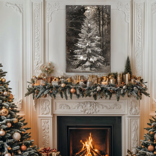 Snow-Covered Pine With Lights canvas shown in a styled room setting, view 2