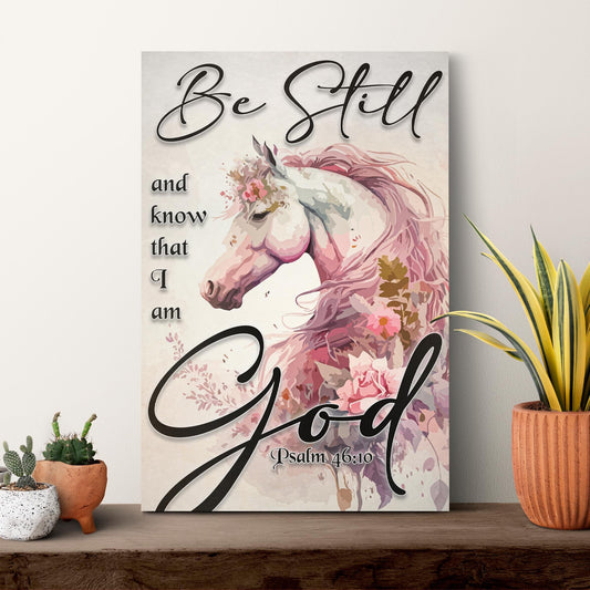 Psalm 46:10 Be Still Pink Floral Horse canvas shown in a styled room setting, view 2