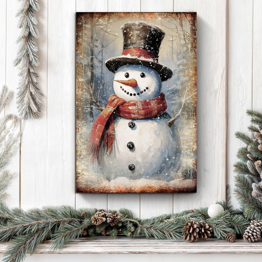 Snowman with Red Plaid Scarf Christmas canvas shown in a styled room setting, view 2