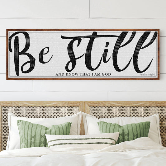 Psalm 46:10 Be Still Bold Brush Script canvas shown in a styled room setting, view 2