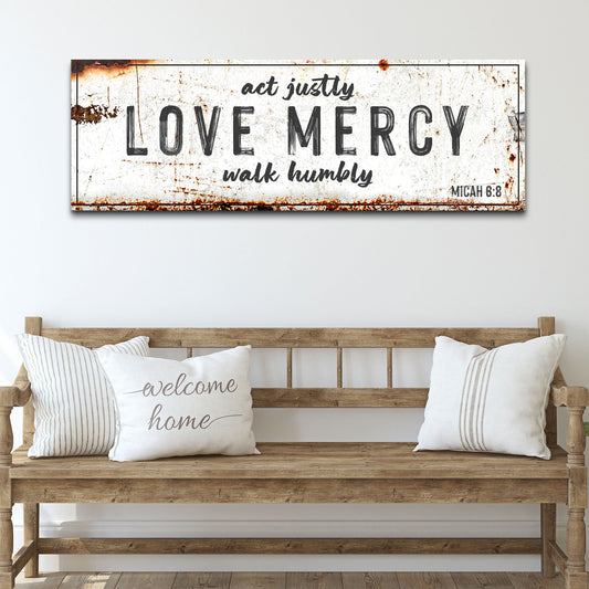 Act Justly Love Mercy Rust-Look canvas shown in a styled room setting, view 2