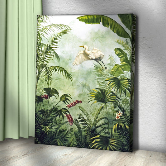 Tropical Rainforest with a White Egret canvas shown at an angle to reveal the wrapped edge, view 2