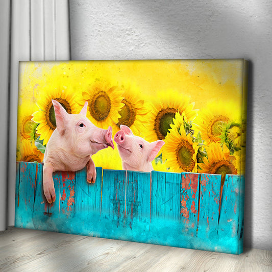 Piglets on a Teal Fence with Sunflowers canvas shown at an angle to reveal the wrapped edge, view 2