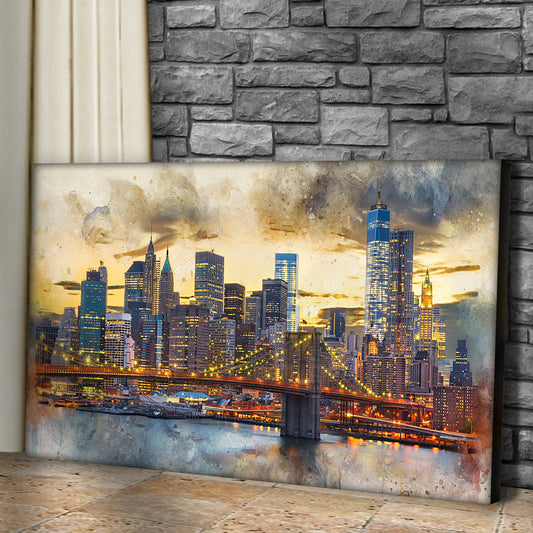 New York skyline at golden dusk canvas leaning at an angle against a stone wall