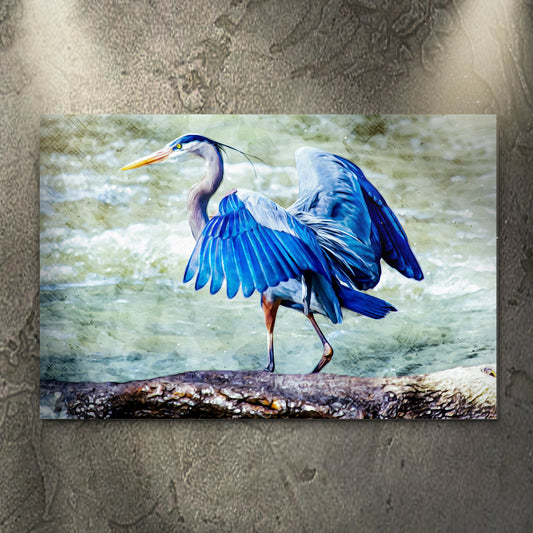Blue Heron canvas hung on a gray concrete wall, close view