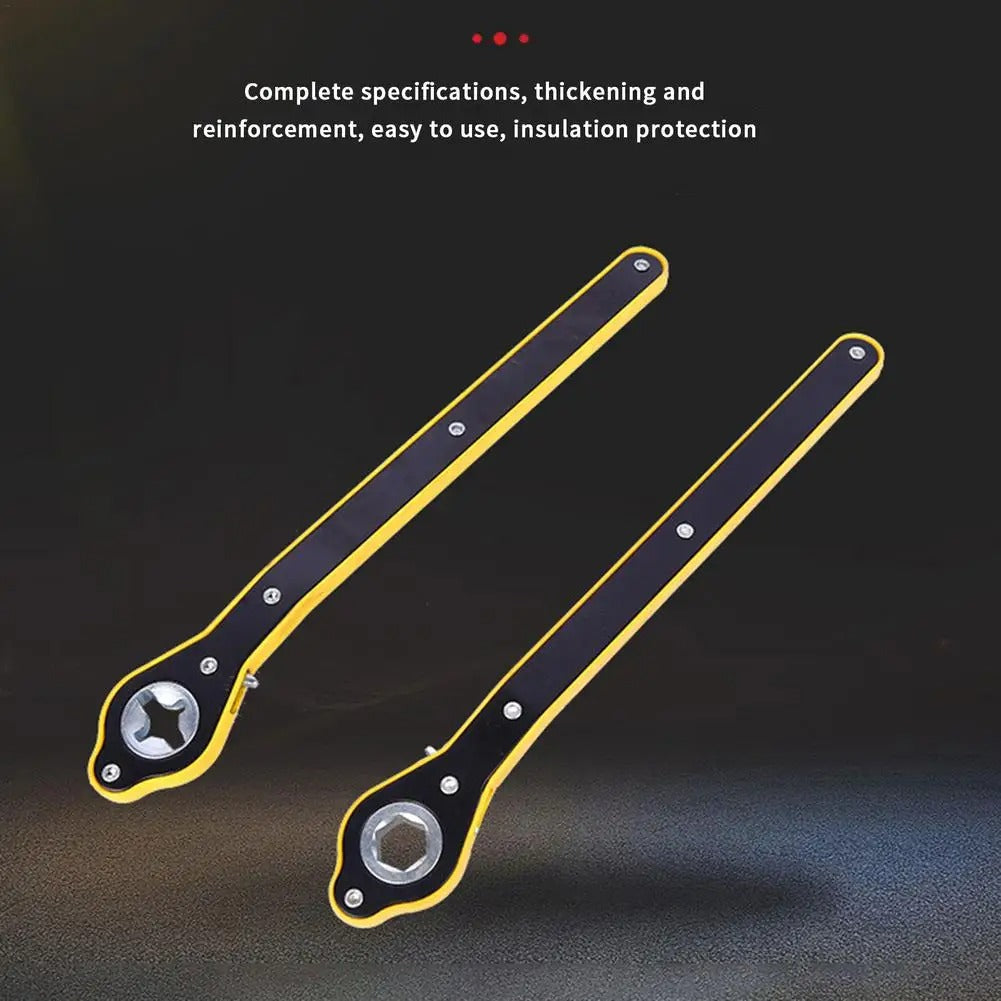 Two yellow and black straps with metal loops on a dark background