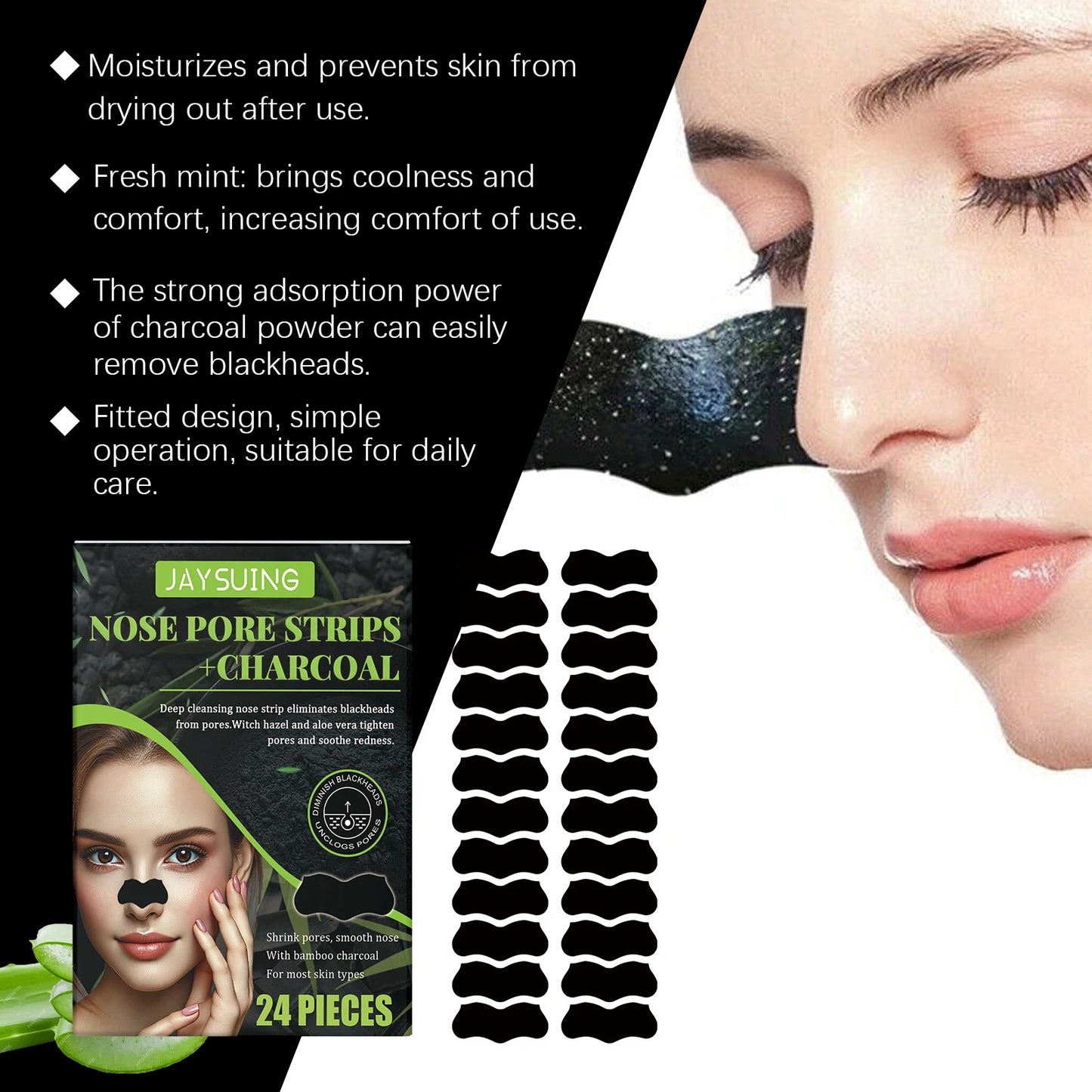 Close-up nose with charcoal pore strip applied for deep cleansing.