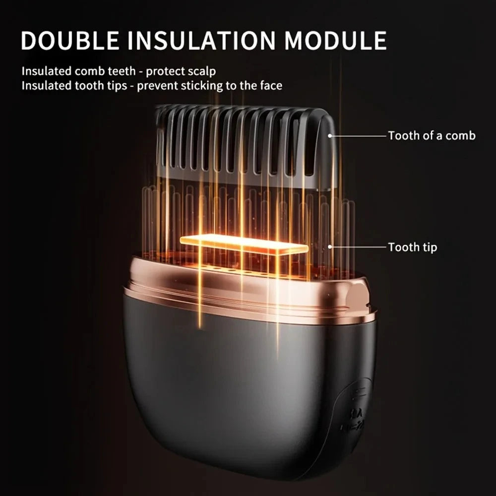 Wireless Hair Straightening Comb with double insulation module labeled on a black background
