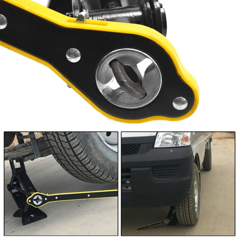 Car jack with close-up details and usage scenarios on a white background