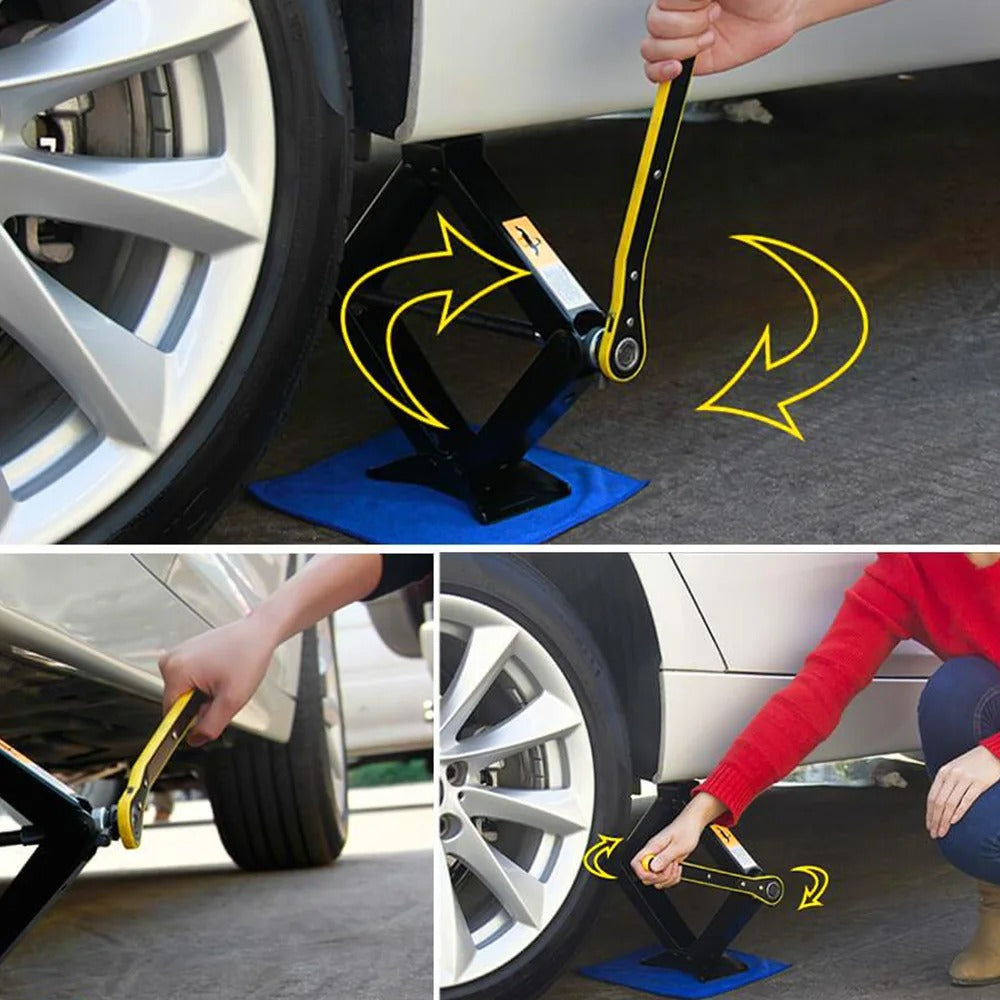 Step-by-step process of using a car jack with blue jack stands.
