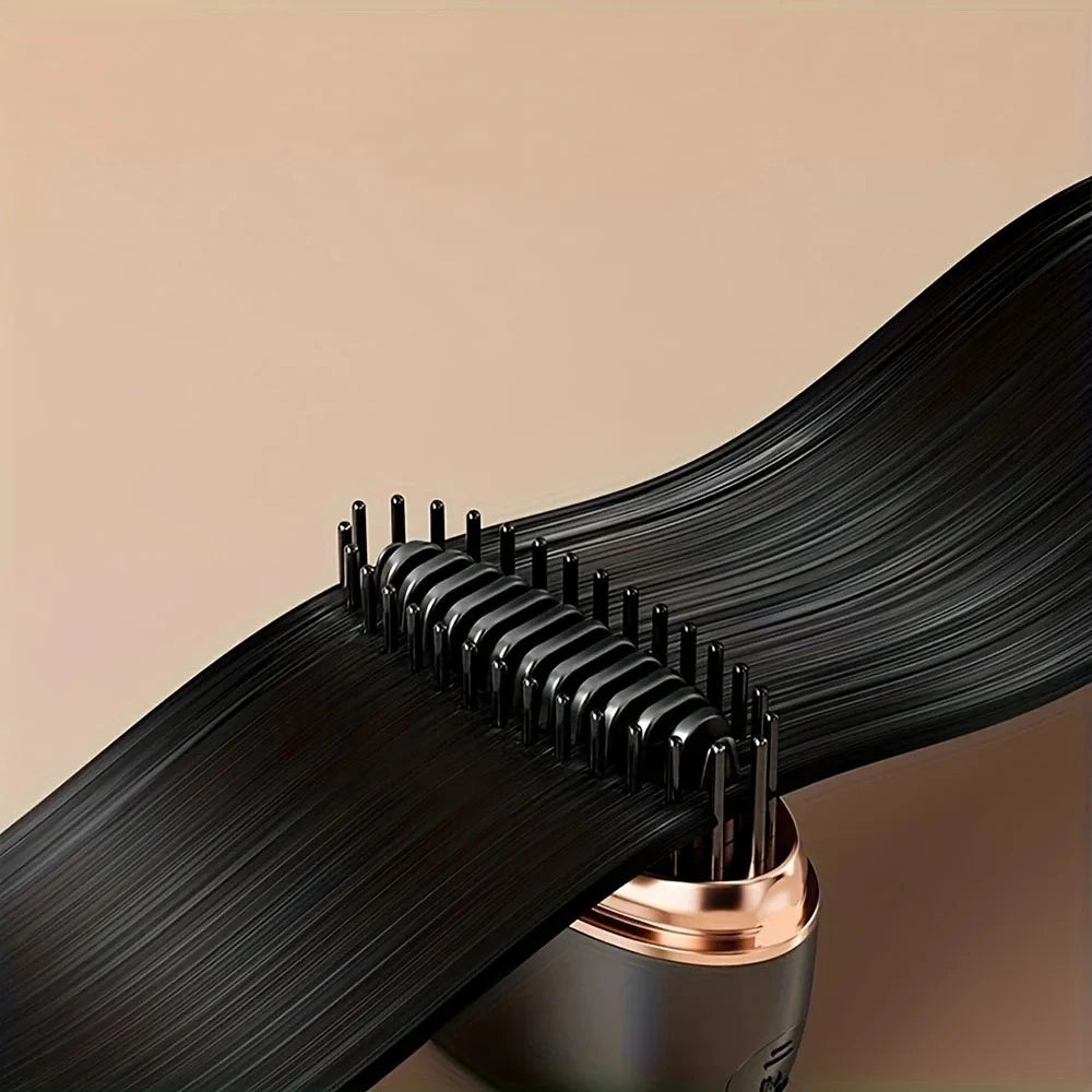 Hair straightener with black hair strands on a beige background