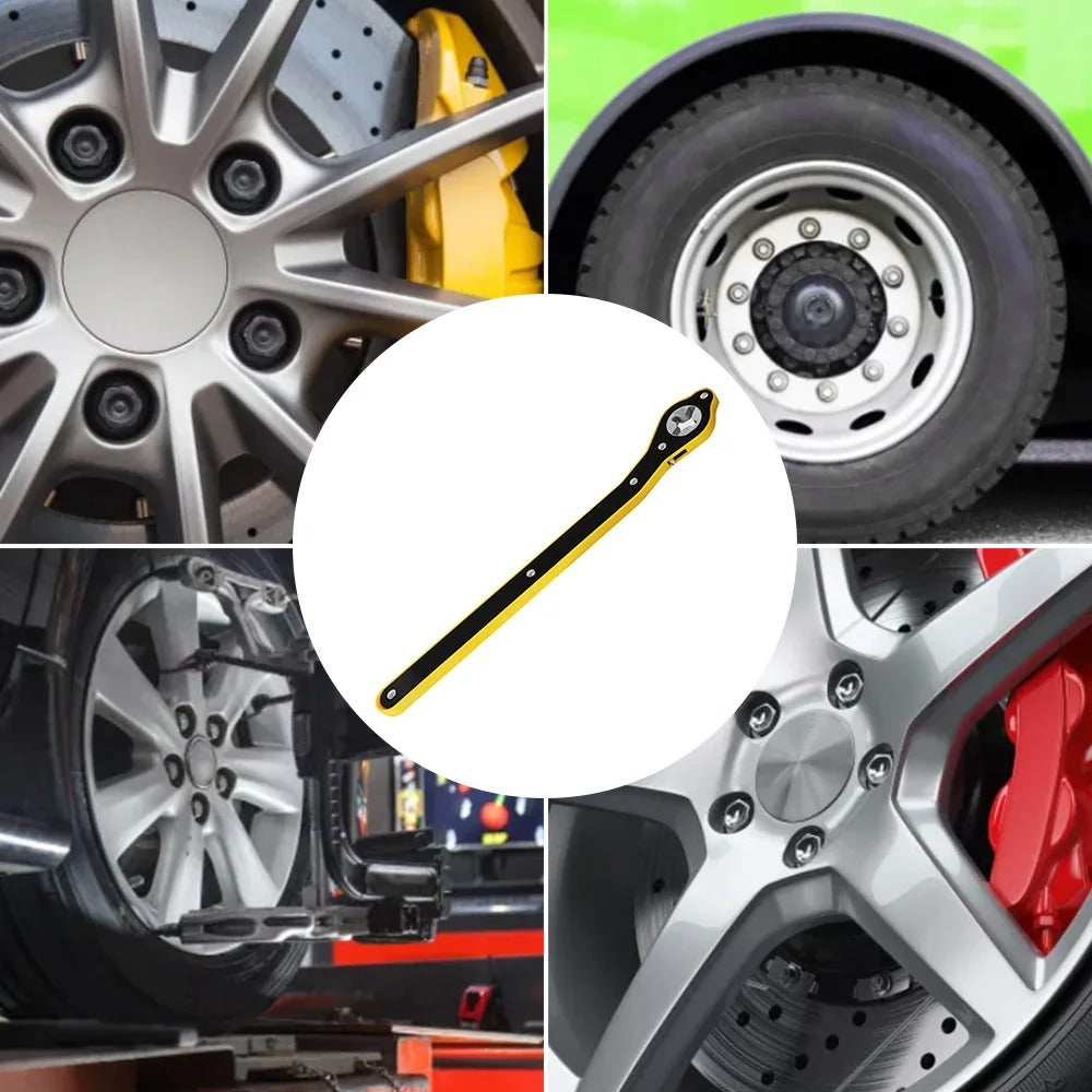 Collage of car wheels and brake components with a yellow tool in the center.