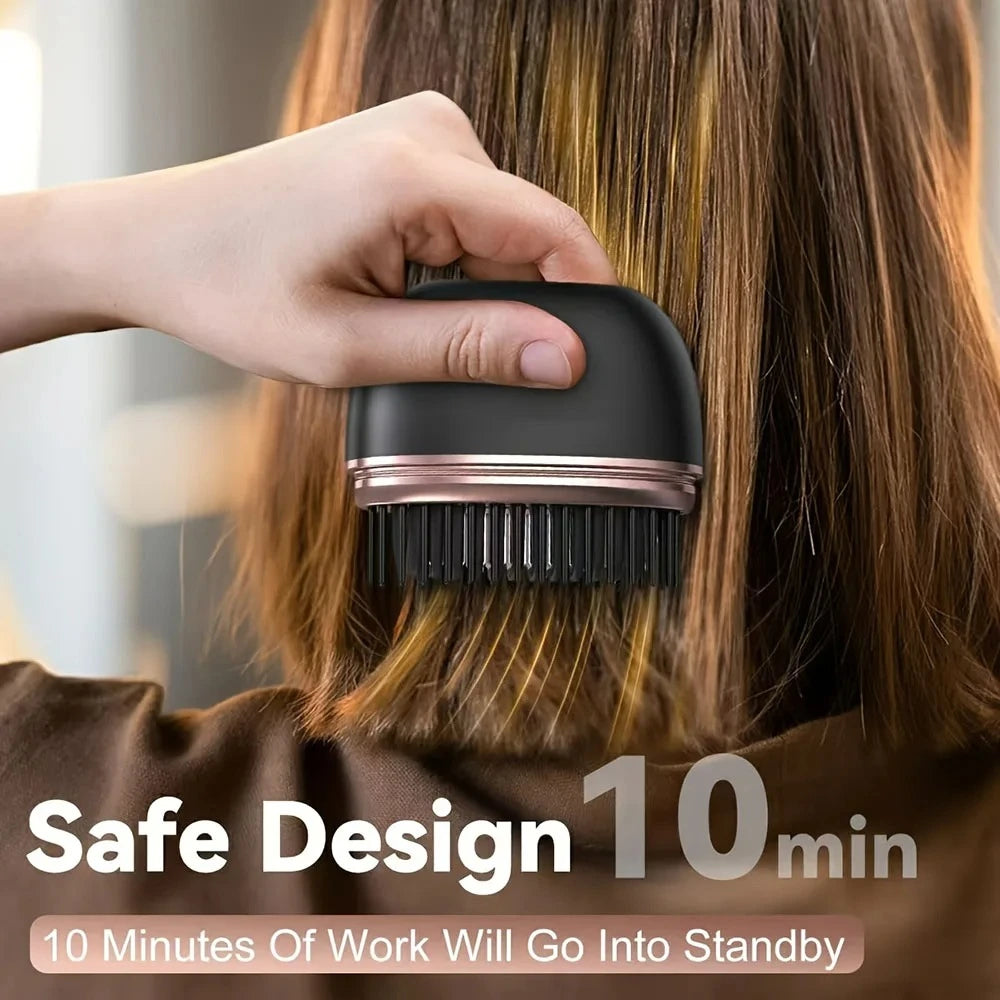 Person using a Wireless Hair Straightening Comb on their hair with text indicating safety features.