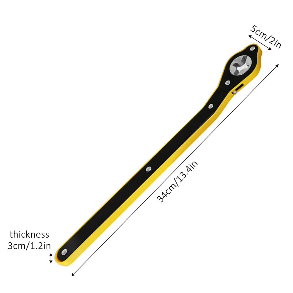 Measurement chart of a yellow and black tool with dimensions labeled.
