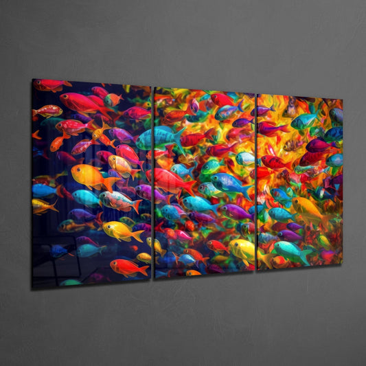 Rainbow fish school 3-panel glass wall art set on a gray wall