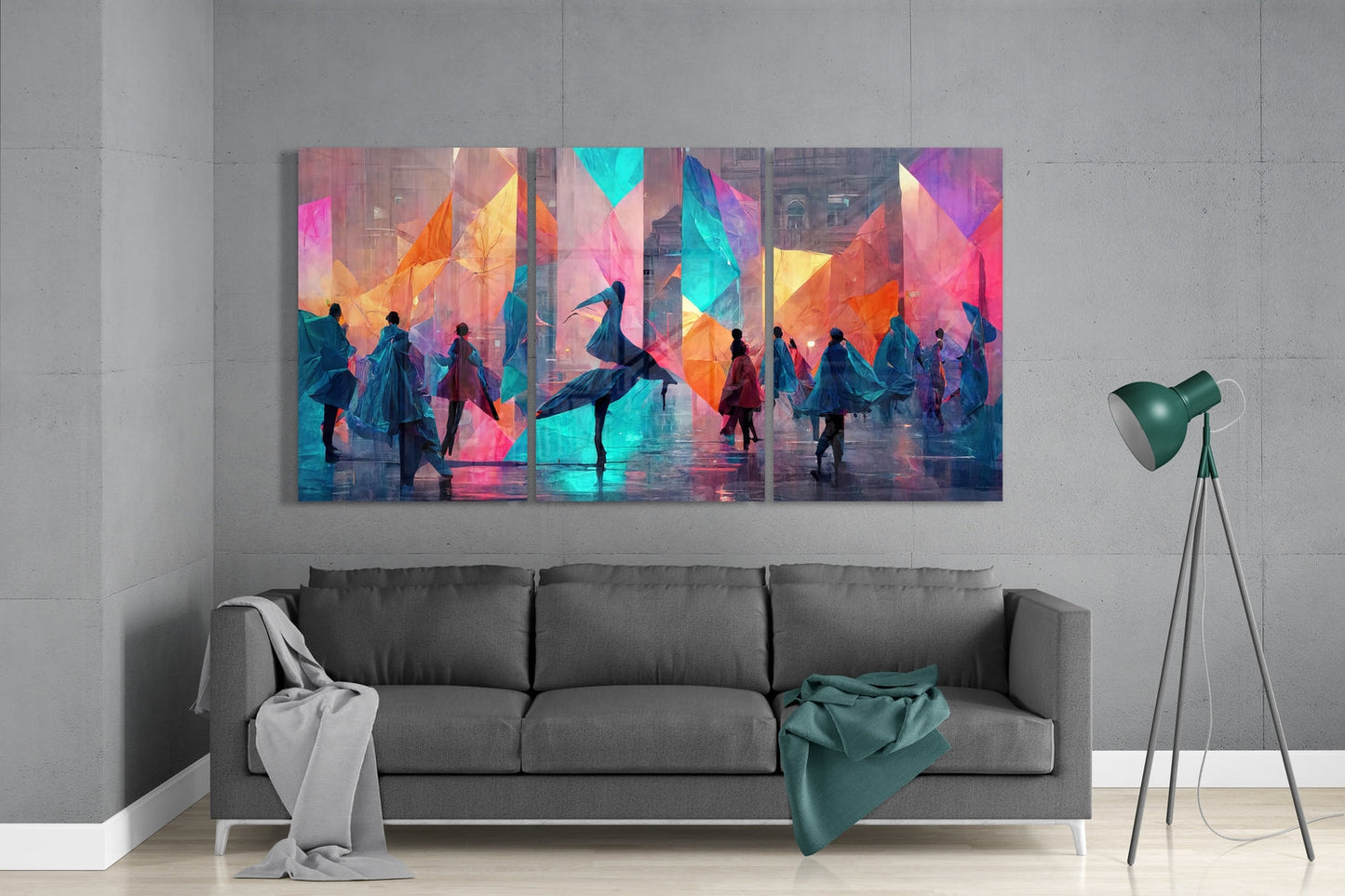 Dancers in teal cloaks three-panel glass wall art above a gray sofa beside a green floor lamp