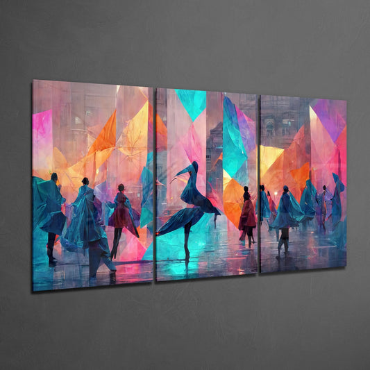 Dancers in teal cloaks three-panel glass wall art shown at an angle on a dark gray background