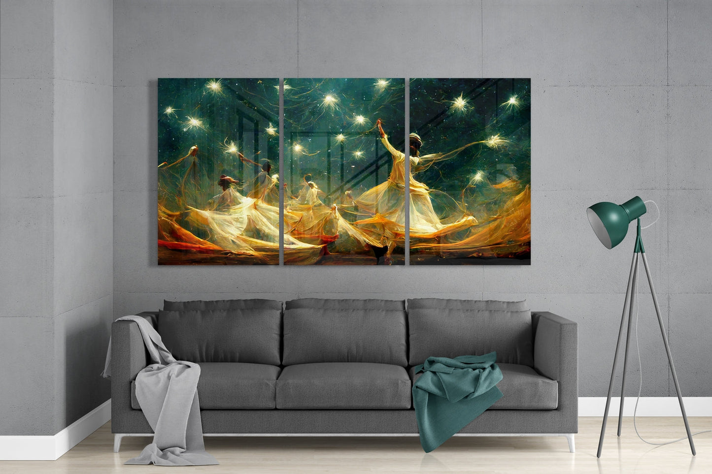 Whirling dancers glass wall art set above a gray sofa with a green floor lamp