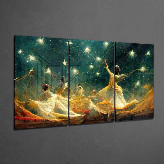 Whirling dancers 3-panel glass wall art set on a dark gray wall