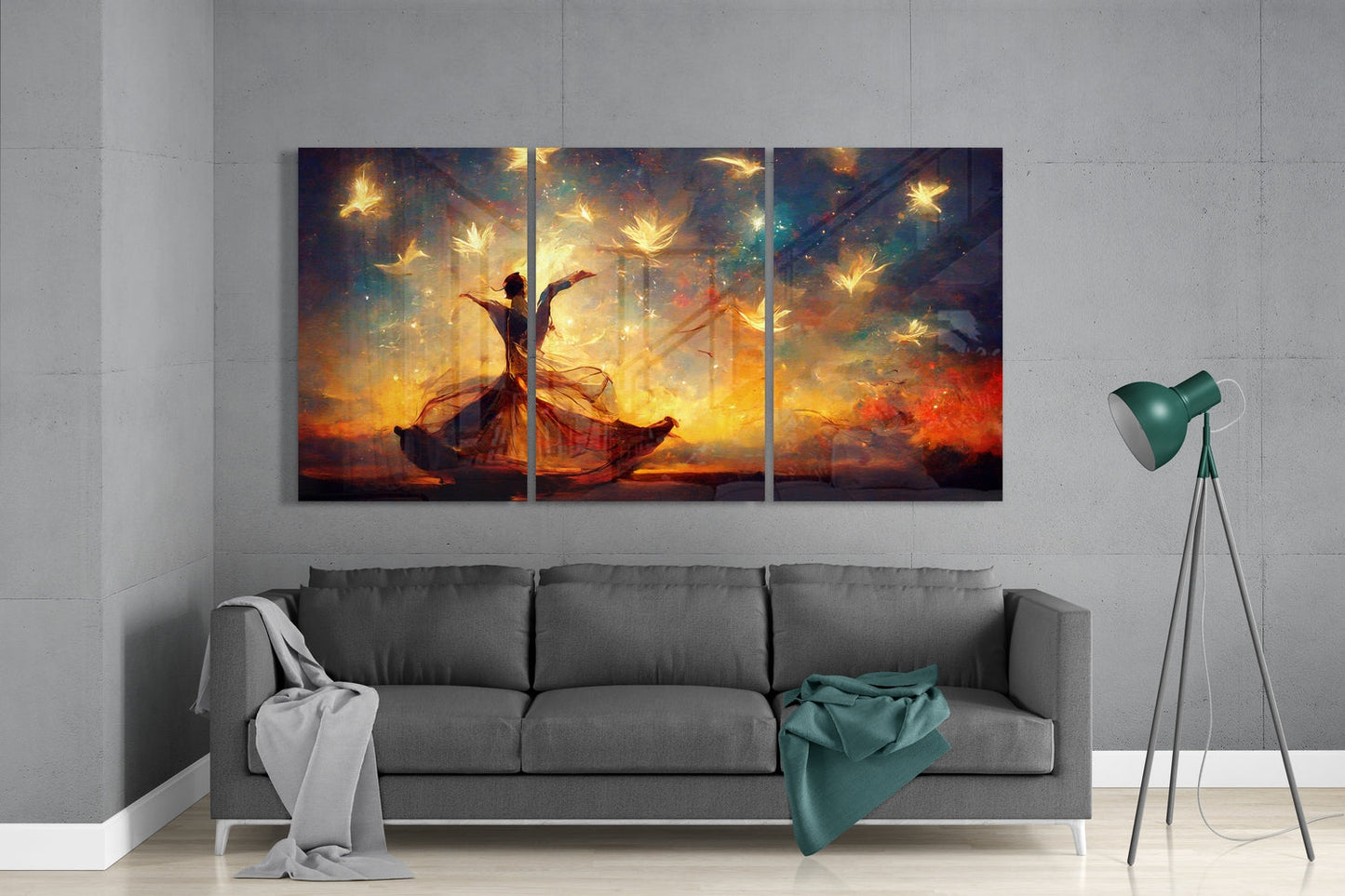 Sunset dancer glass wall art set above a gray sofa with a green floor lamp
